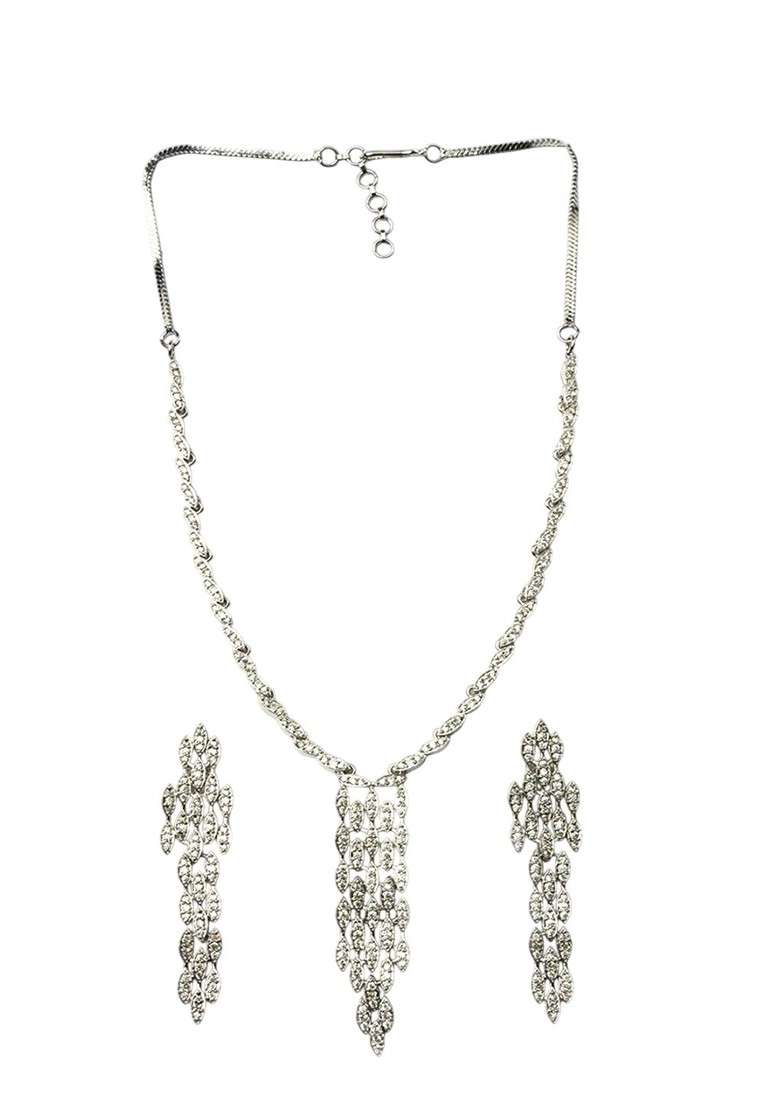 Silver Plated Cubic Zirconia American Diamond Studded Jewellery Set - Indya