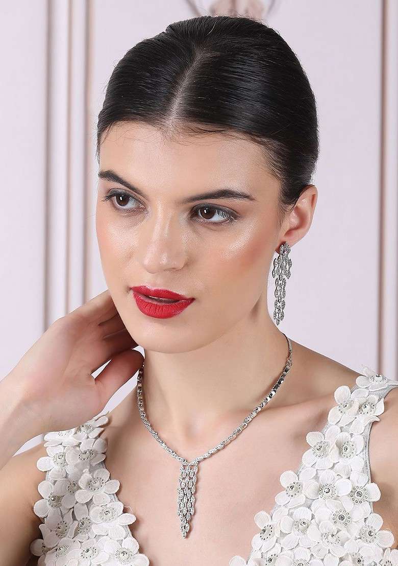 Silver Plated Cubic Zirconia American Diamond Studded Jewellery Set - Indya