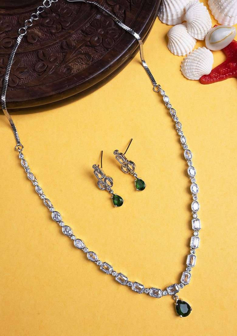 Silver Plated Cubic Zirconia Studded Jewellery Set - Indya