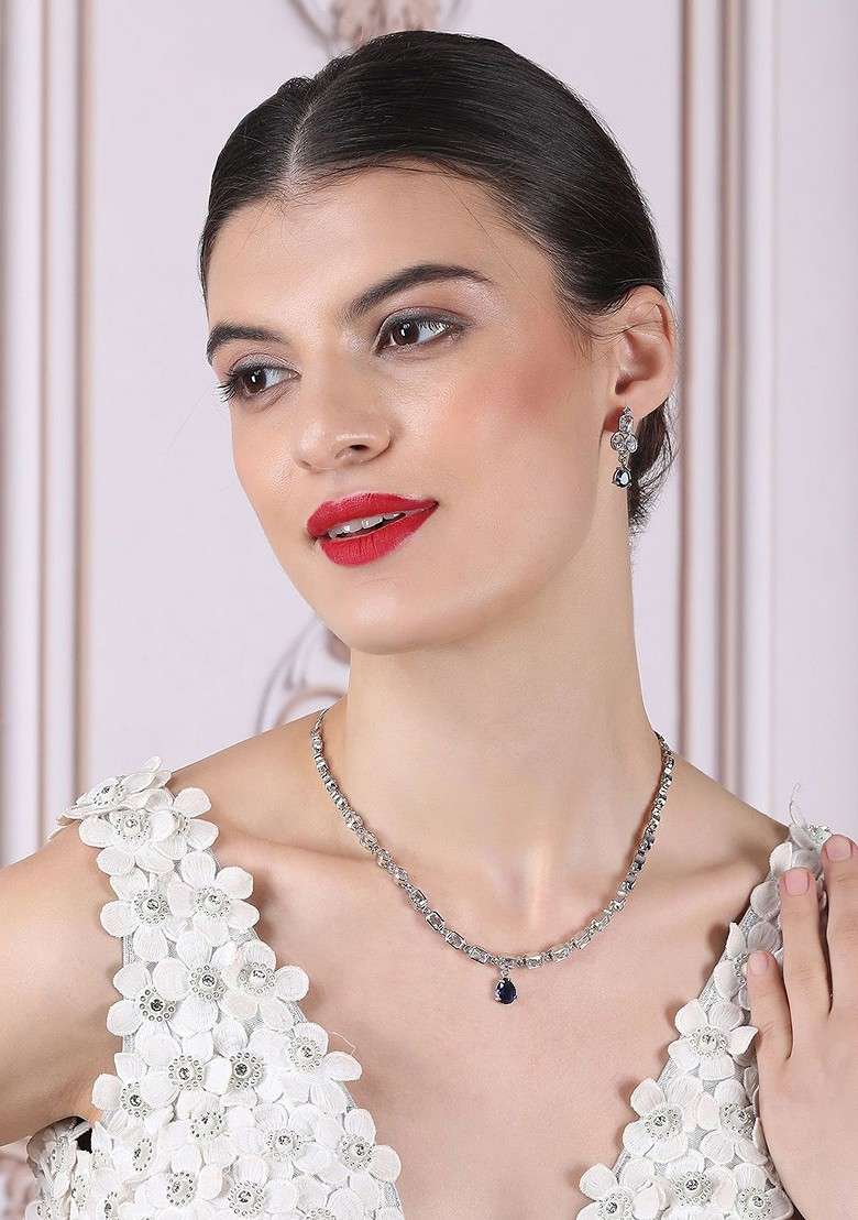 Silver Plated Cubic Zirconia Studded Jewellery Set - Indya