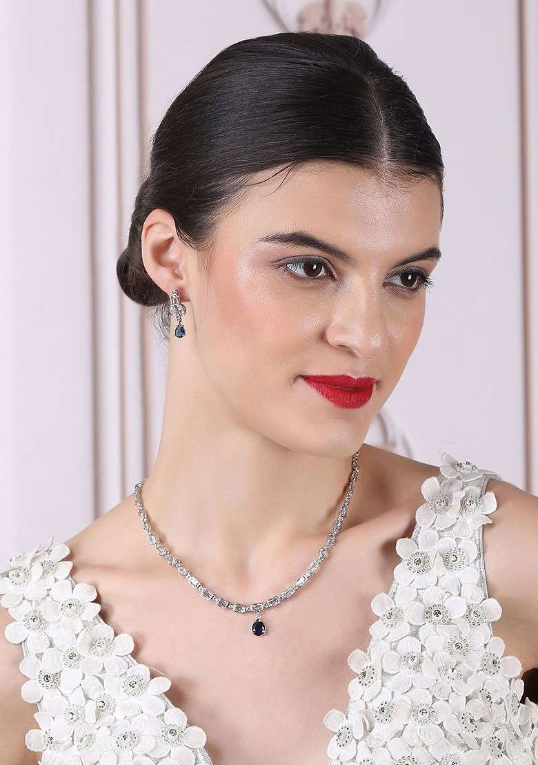 Silver Plated Cubic Zirconia Studded Jewellery Set - Indya