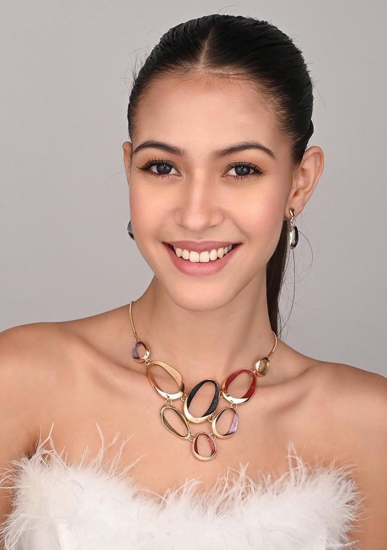 Gold Plated Oval Statement Necklace With Drop Earrings