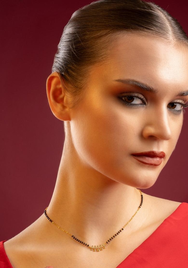 Gold Plated American Diamond Studded And Beaded Mangalsutra