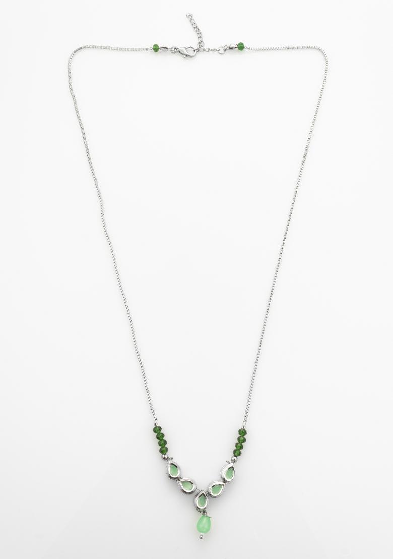 Green Silver Plated Brass Pendant Chain Linked - Indya