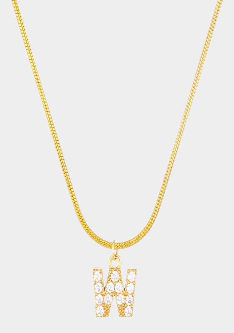 18K Gold Plated Anti Tarnish Zircon Initial Letter W Pendant Necklace - Indya
