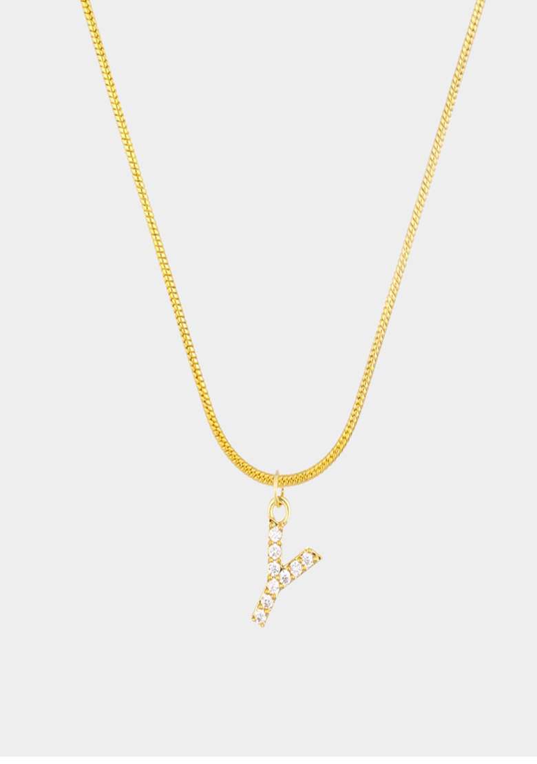 18K Gold Plated Anti Tarnish Zircon Initial Letter Y Pendant Necklace - Indya