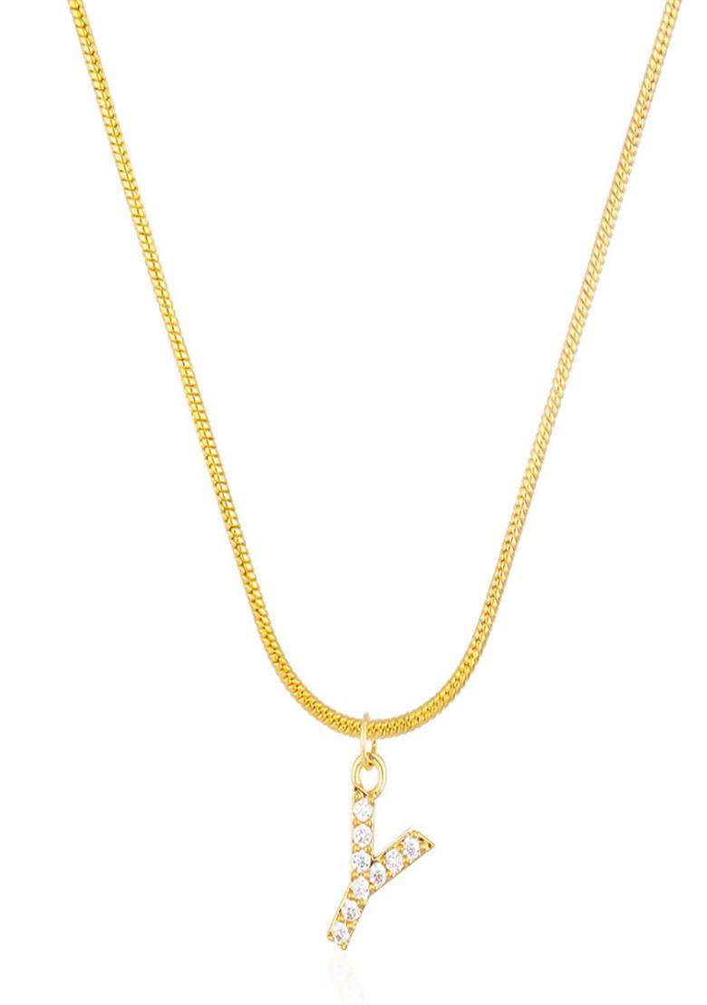 18K Gold Plated Anti Tarnish Zircon Initial Letter Y Pendant Necklace - Indya