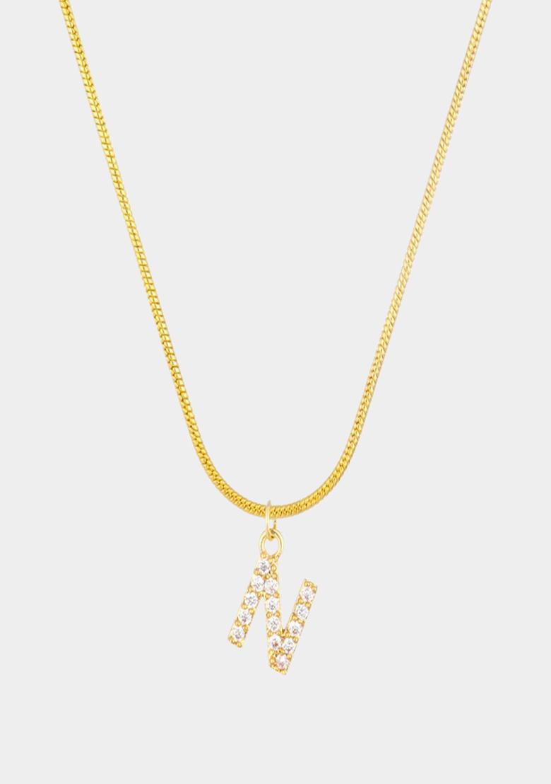 18K Gold Plated Anti Tarnish Zircon Initial Letter N Pendant Necklace - Indya