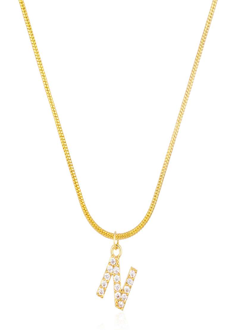 18K Gold Plated Anti Tarnish Zircon Initial Letter N Pendant Necklace - Indya