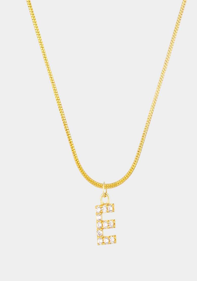 18K Gold Plated Anti Tarnish Zircon Initial Letter E Pendant Necklace - Indya