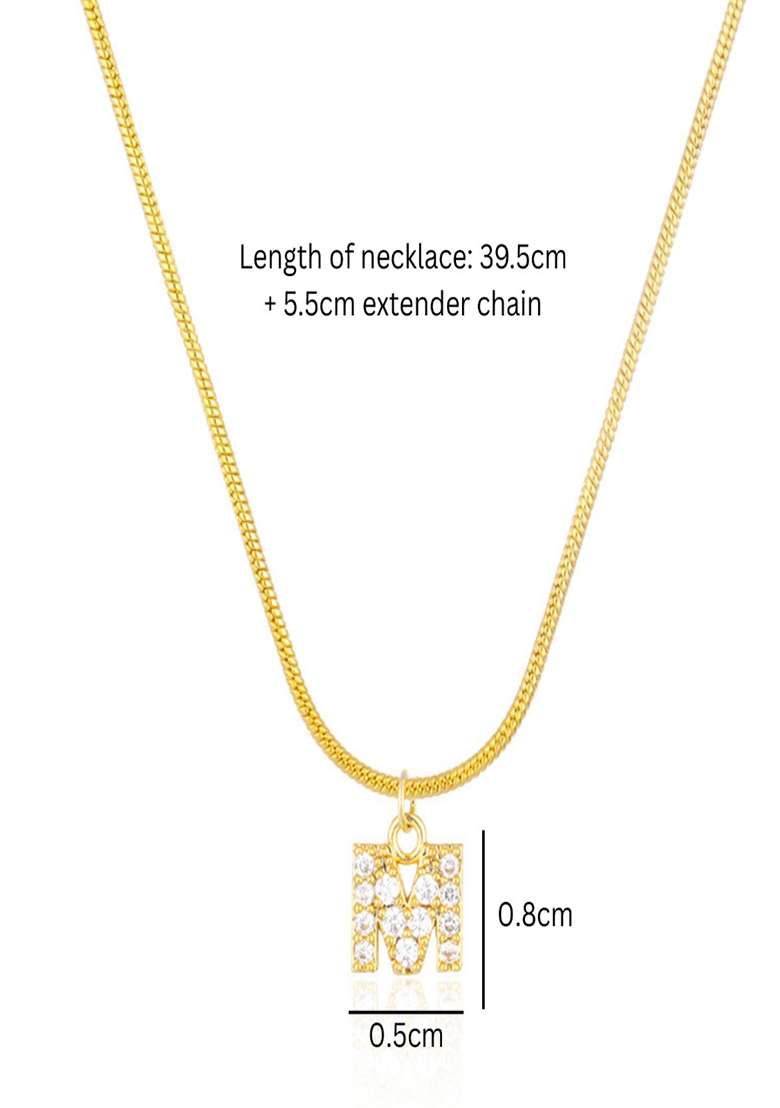 18K Gold Plated Anti Tarnish Zircon Initial Letter M Pendant Necklace - Indya