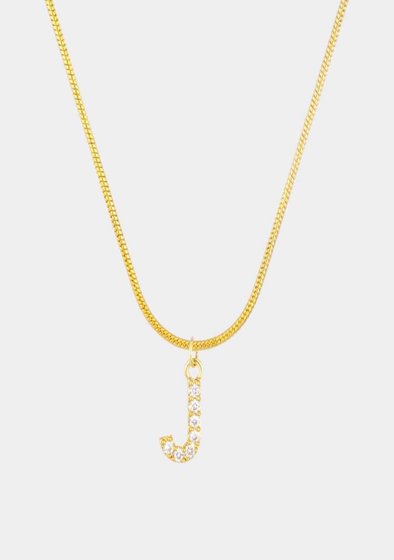 18K Gold Plated Anti Tarnish Zircon Initial Letter J Pendant Necklace - Indya