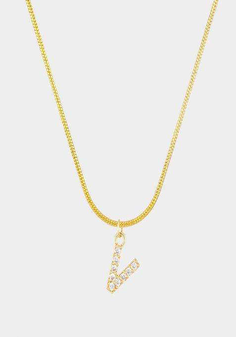 18K Gold Plated Anti Tarnish Zircon Initial Letter V Pendant Necklace