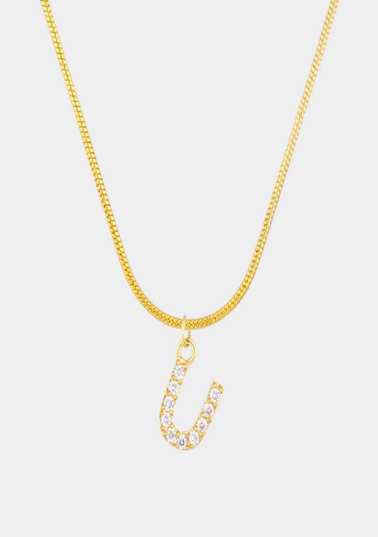 18K Gold Plated Anti Tarnish Zircon Initial Letter U Pendant Necklace - Indya
