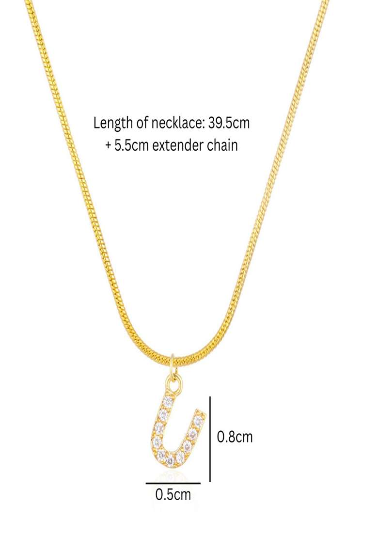 18K Gold Plated Anti Tarnish Zircon Initial Letter U Pendant Necklace - Indya