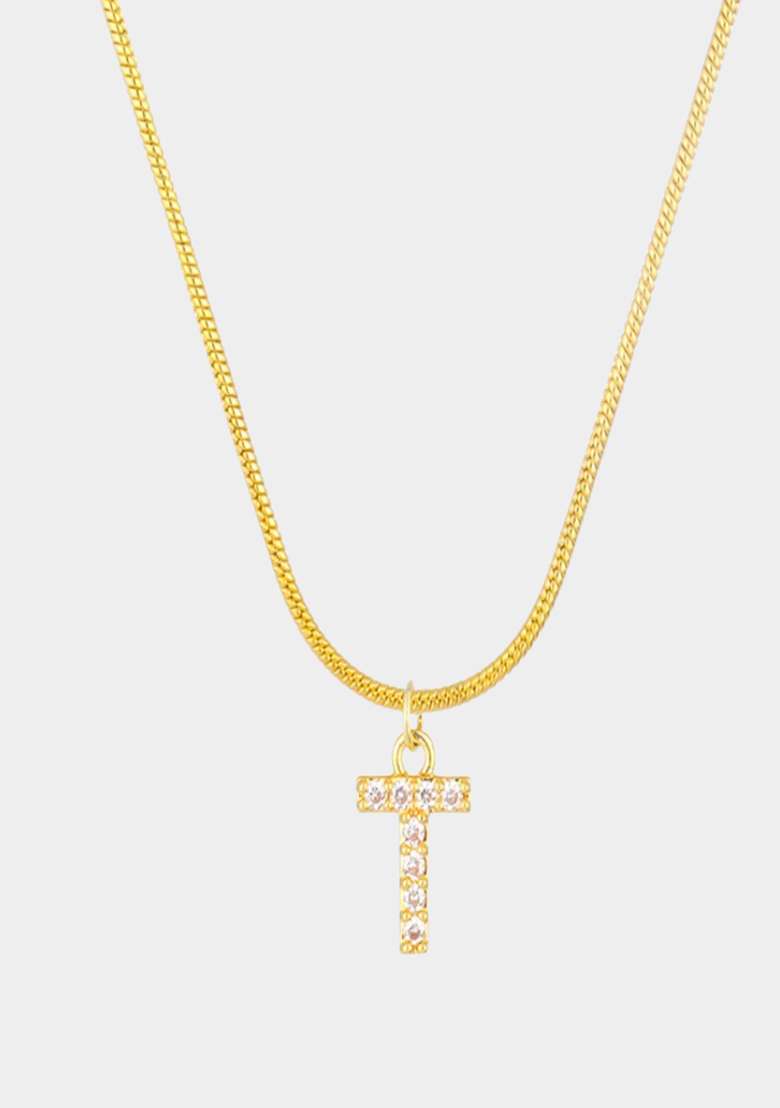 18K Gold Plated Anti Tarnish Zircon Initial Letter T Pendant Necklace - Indya
