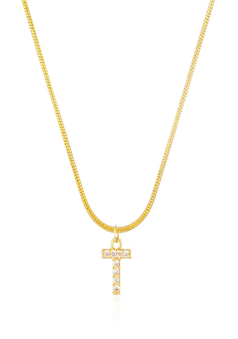 18K Gold Plated Anti Tarnish Zircon Initial Letter T Pendant Necklace - Indya
