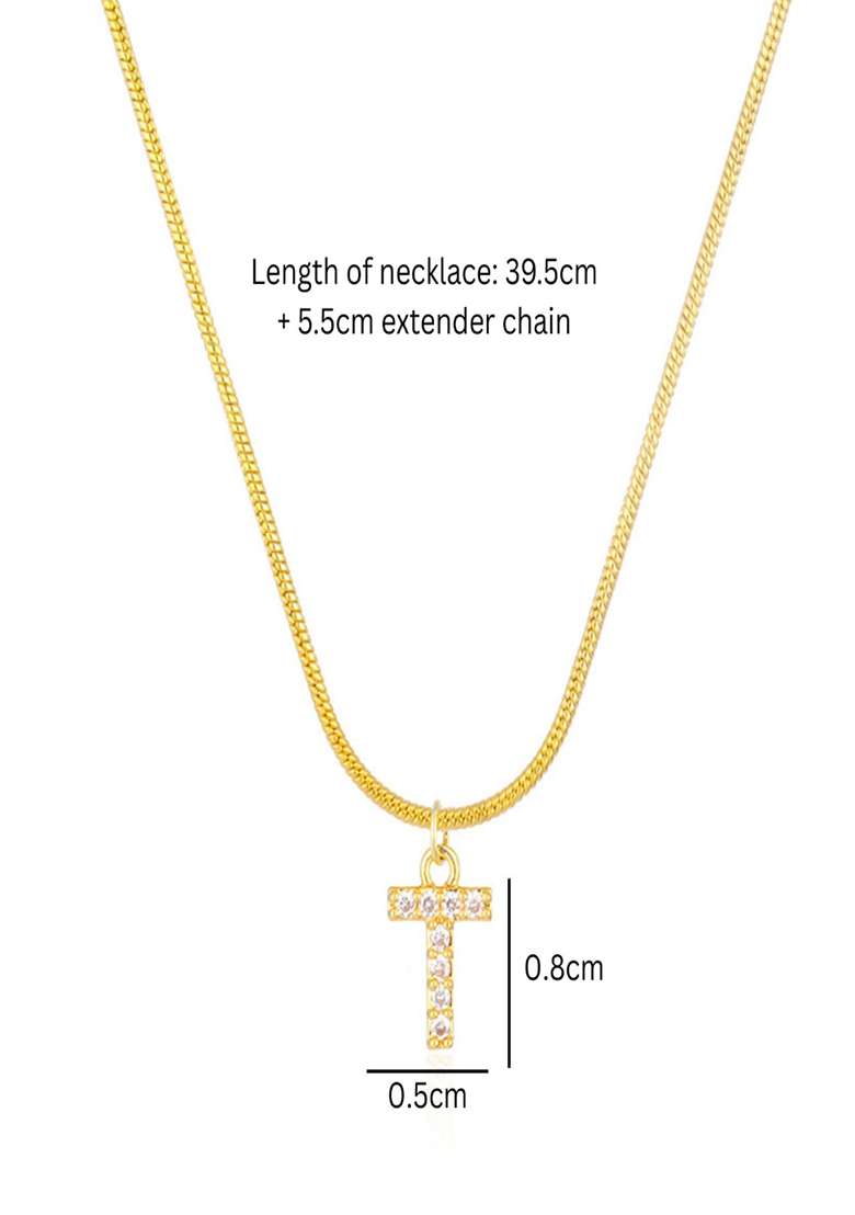 18K Gold Plated Anti Tarnish Zircon Initial Letter T Pendant Necklace - Indya