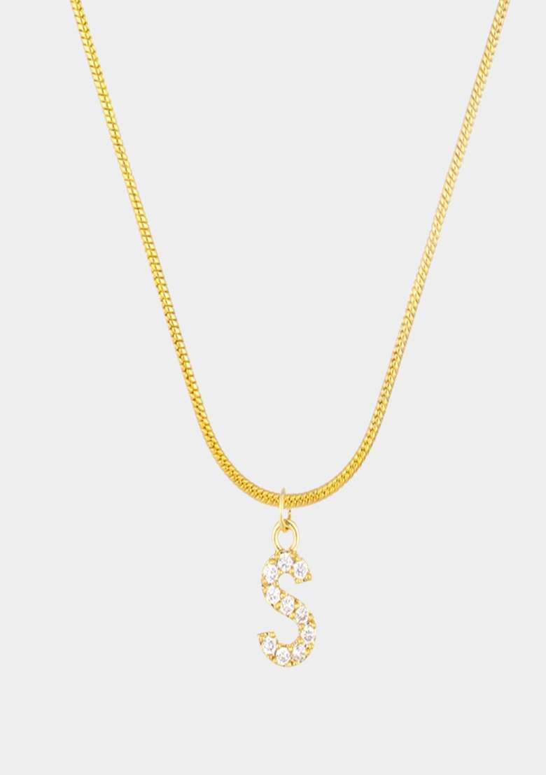 18K Gold Plated Anti Tarnish Zircon Initial Letter S Pendant Necklace - Indya