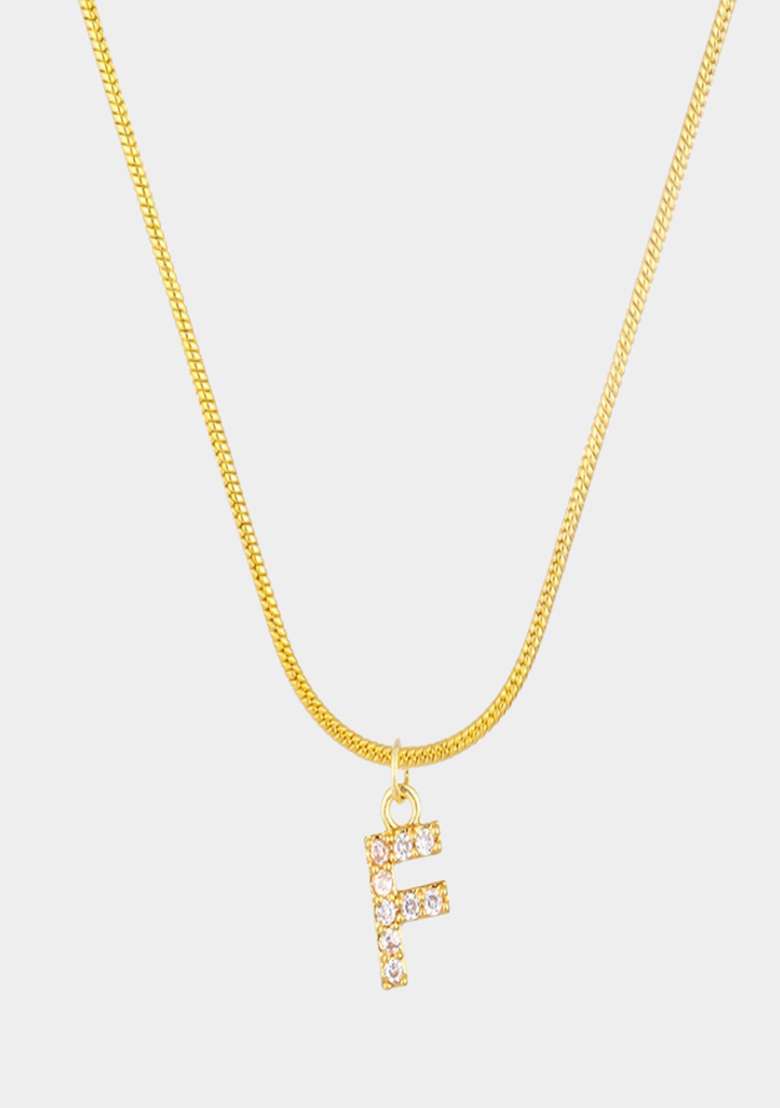 18K Gold Plated Anti Tarnish Zircon Initial Letter F Pendant Necklace - Indya