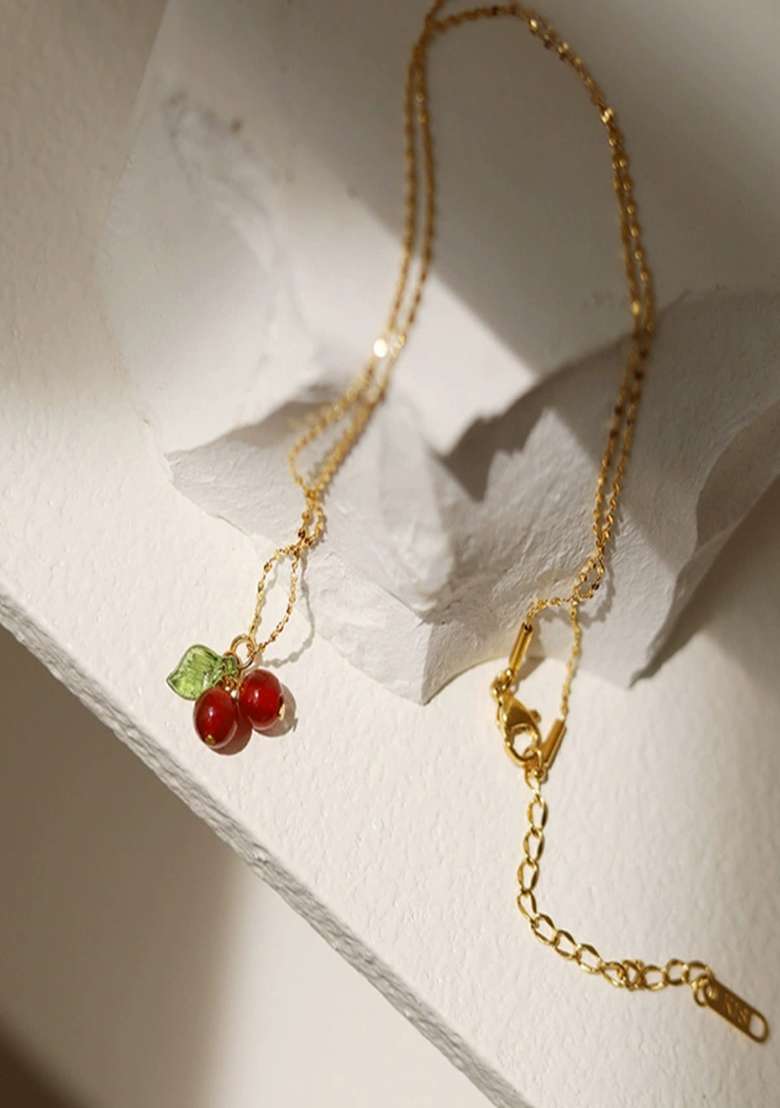 18K Gold Plated Waterproof Anti Tarnish Red Cherry Pendant Necklace - Indya