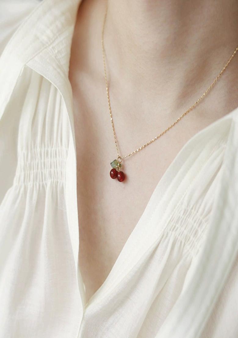 18K Gold Plated Waterproof Anti Tarnish Red Cherry Pendant Necklace - Indya