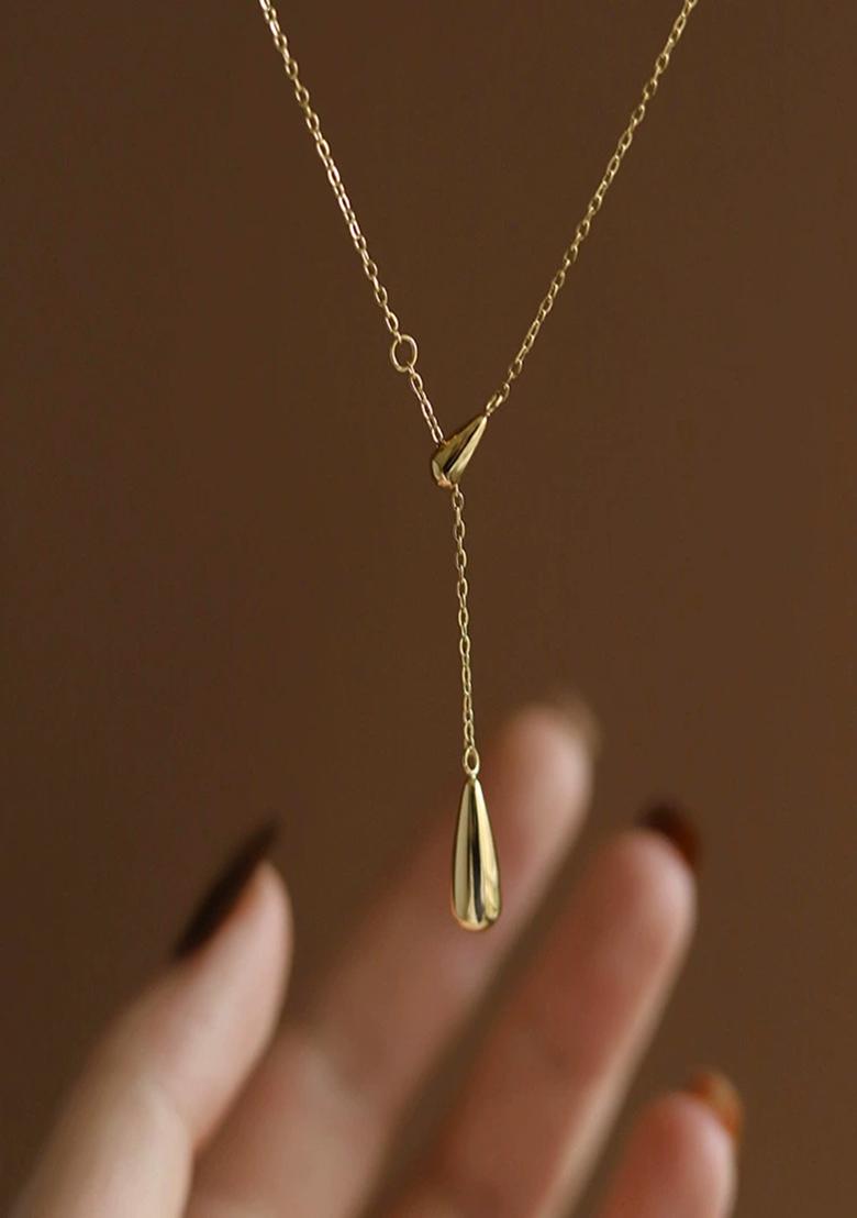 18K Gold Plated Waterproof Anti Tarnish Minimal Tear Drop Lariat Necklace - Indya