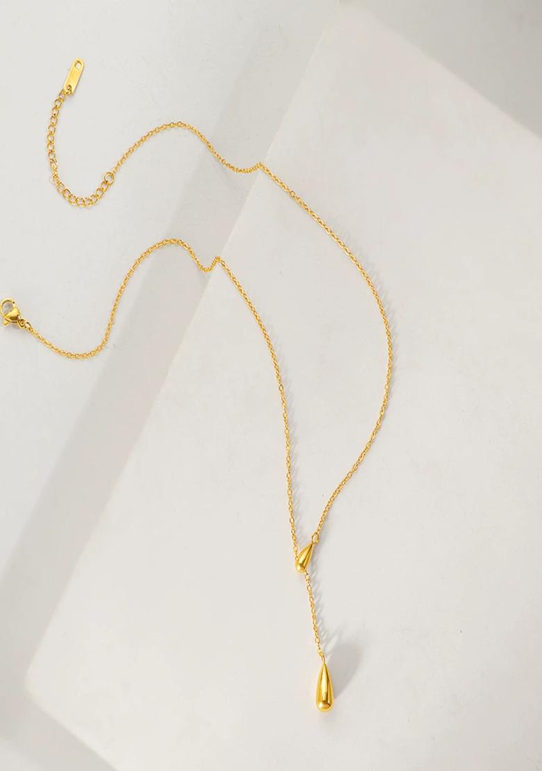 18K Gold Plated Waterproof Anti Tarnish Minimal Tear Drop Lariat Necklace - Indya