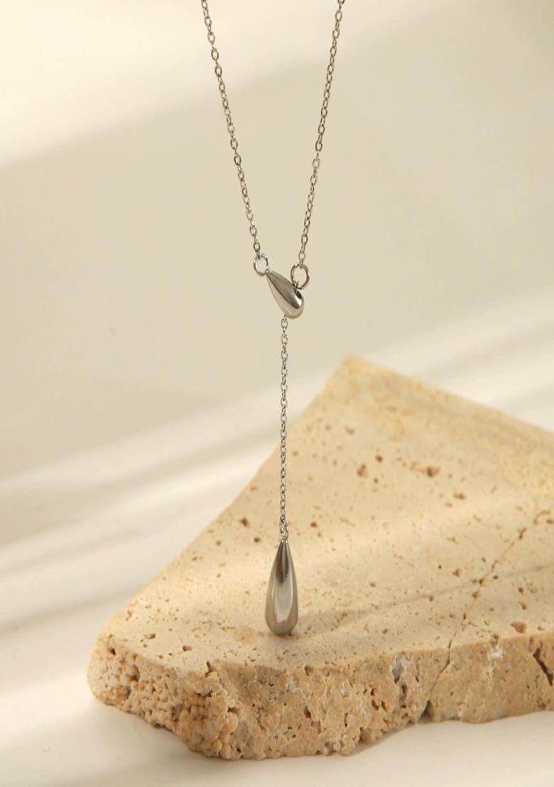 18K Silver Plated Waterproof Anti Tarnish Minimal Tear Drop Lariat Necklace - Indya