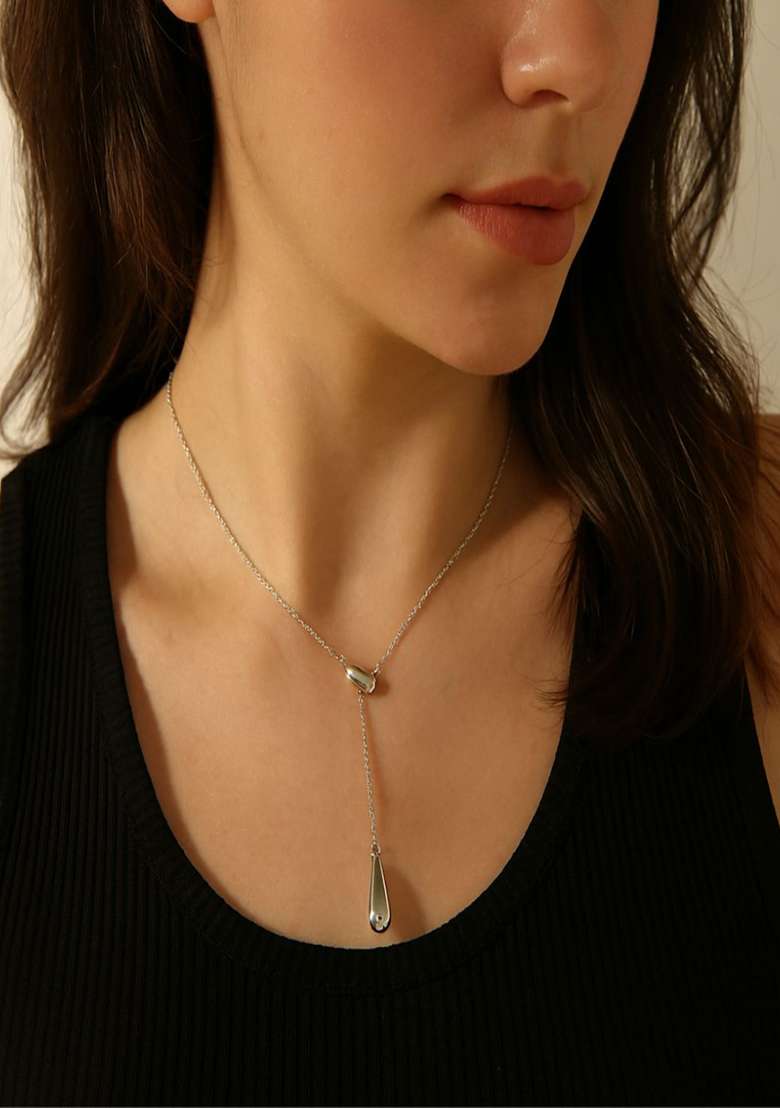 18K Silver Plated Waterproof Anti Tarnish Minimal Tear Drop Lariat Necklace - Indya