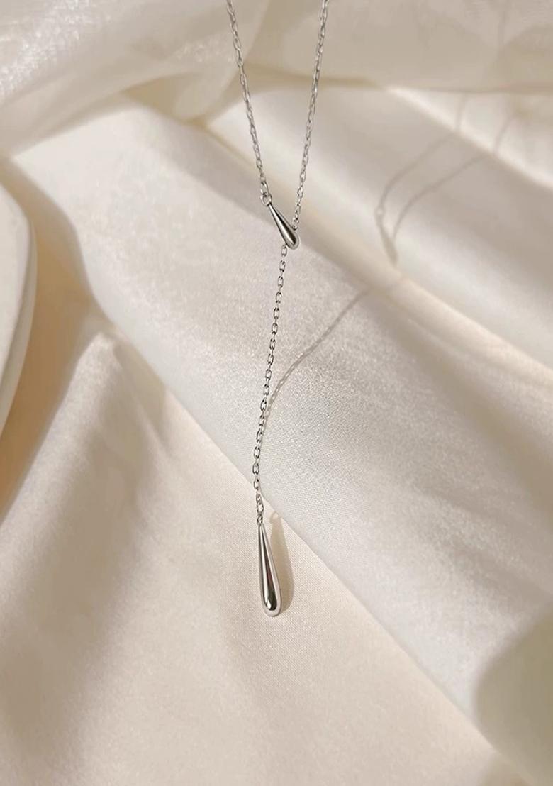 18K Silver Plated Waterproof Anti Tarnish Minimal Tear Drop Lariat Necklace - Indya