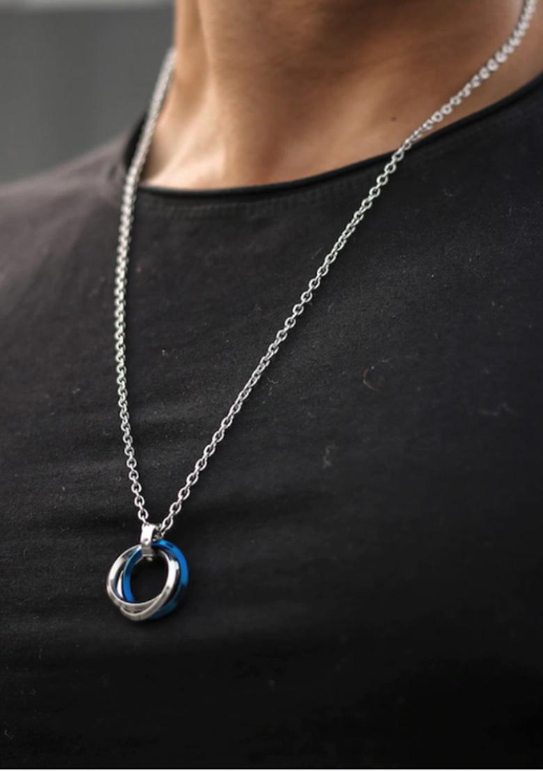 Men Silver Plated Blue Cz Studded Pendant With Chain - Indya