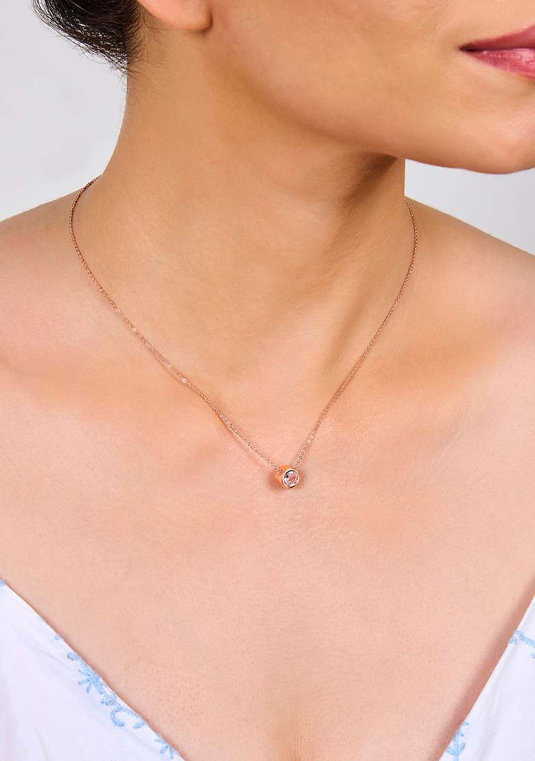 Rose Gold Plated Cubic Zirconia Studded Pendant With Chain - Indya