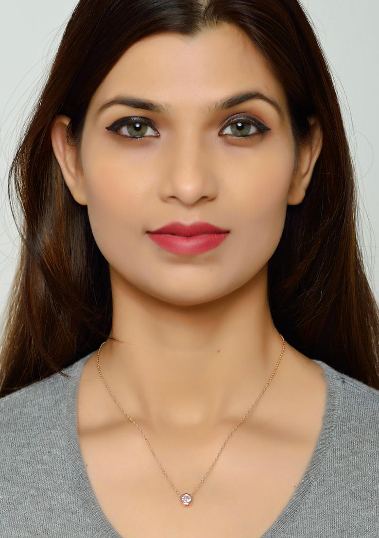 Rose Gold Plated Cubic Zirconia Studded Pendant With Chain - Indya