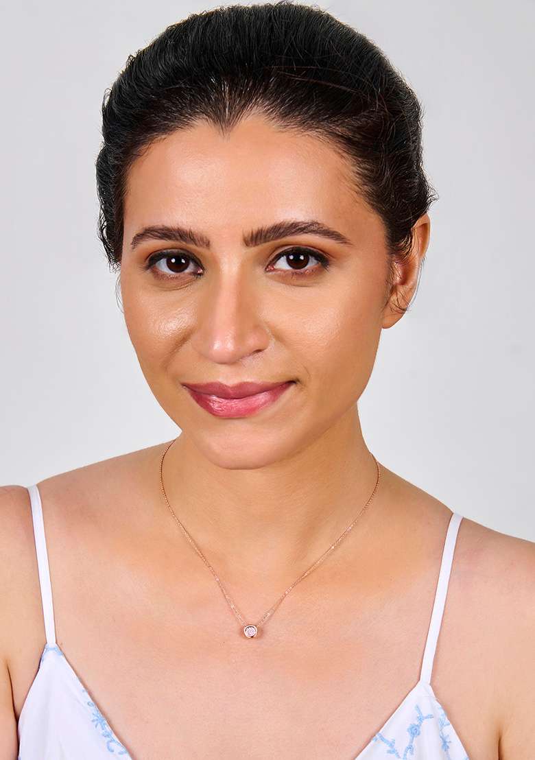Rose Gold Plated Cubic Zirconia Studded Pendant With Chain - Indya