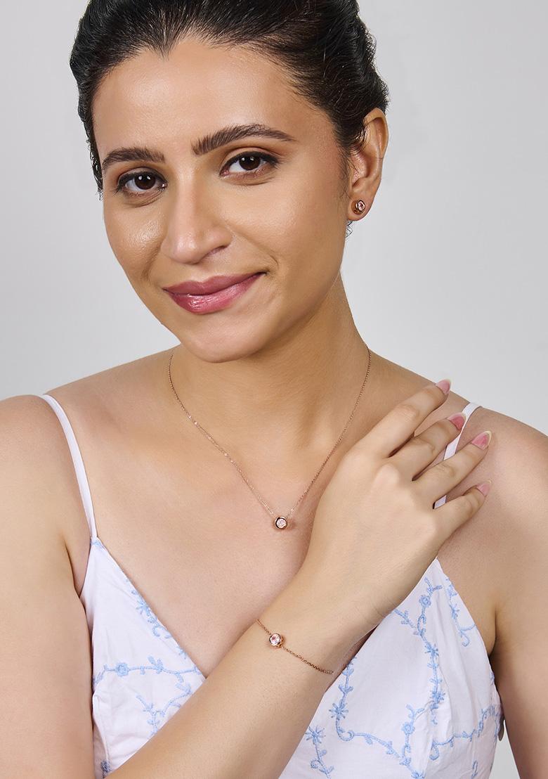 Rose Gold Plated Cubic Zirconia Studded Pendant With Chain - Indya