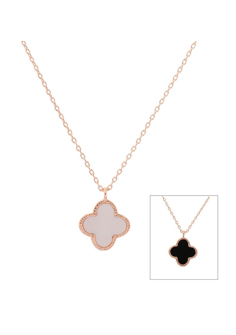White Black Clover Shaped Reversible Rose Gold Plated Pendant With Chain - Indya