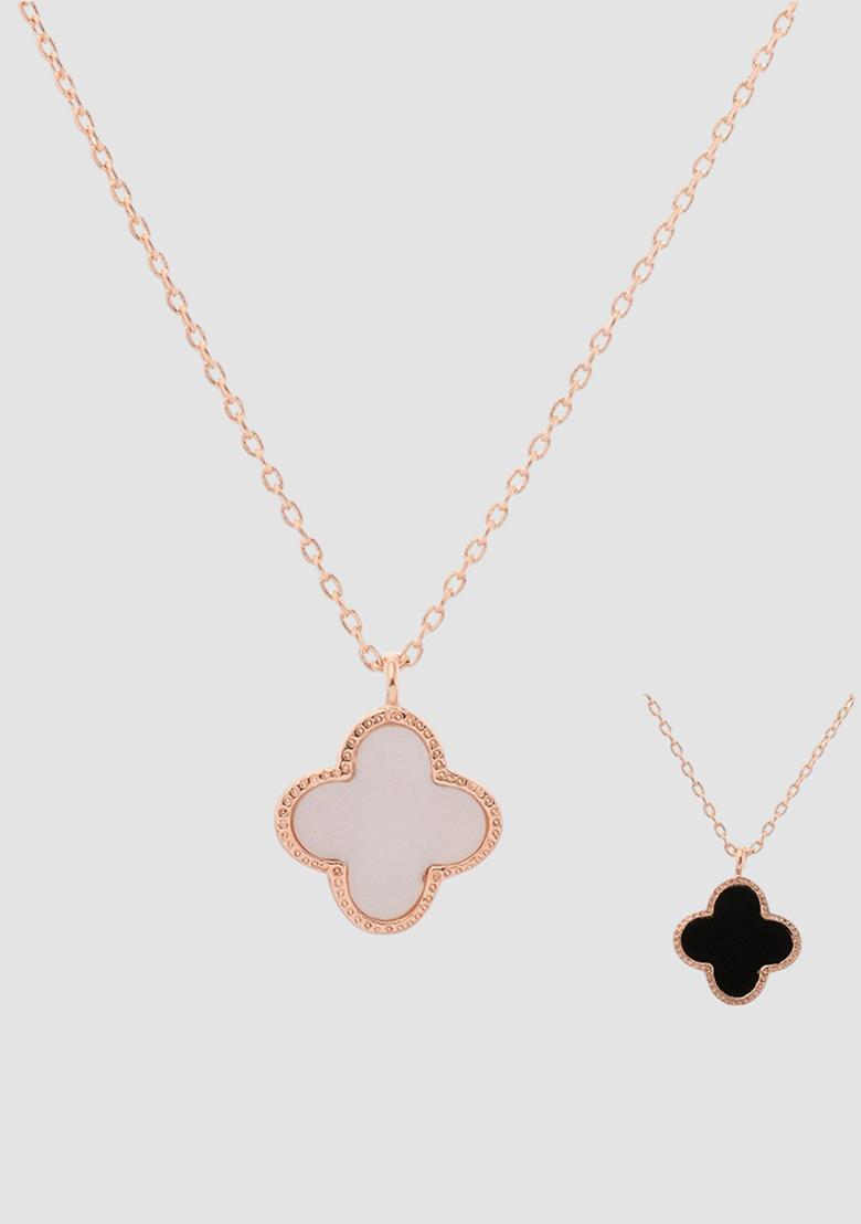 White Black Clover Shaped Reversible Rose Gold Plated Pendant With Chain - Indya