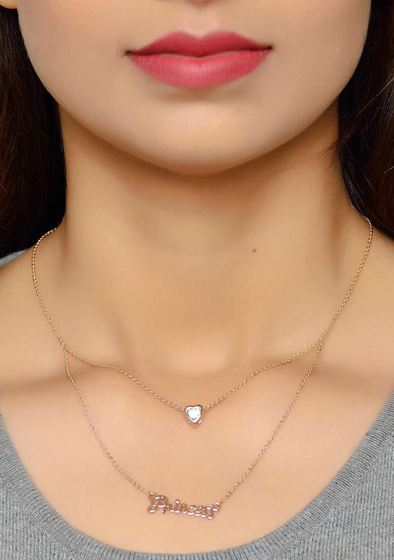 Rose Gold Plated Cubic Zirconia Studded Layered Pendant With Chain - Indya