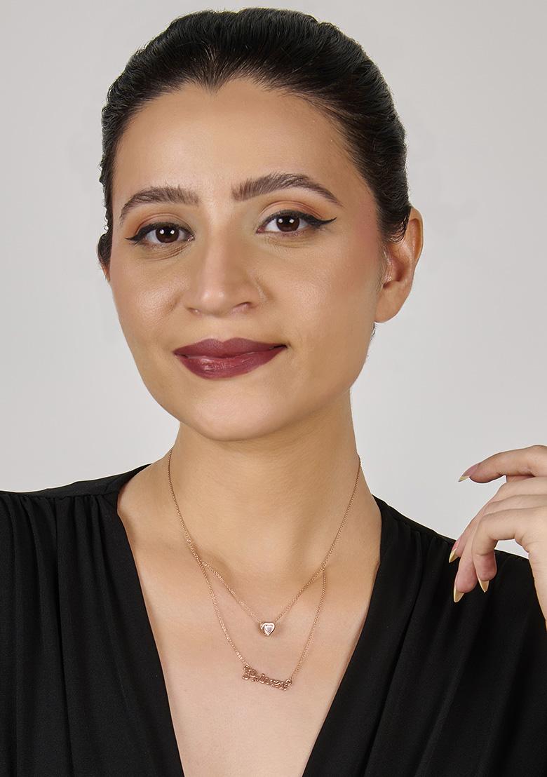 Rose Gold Plated Cubic Zirconia Studded Layered Pendant With Chain - Indya