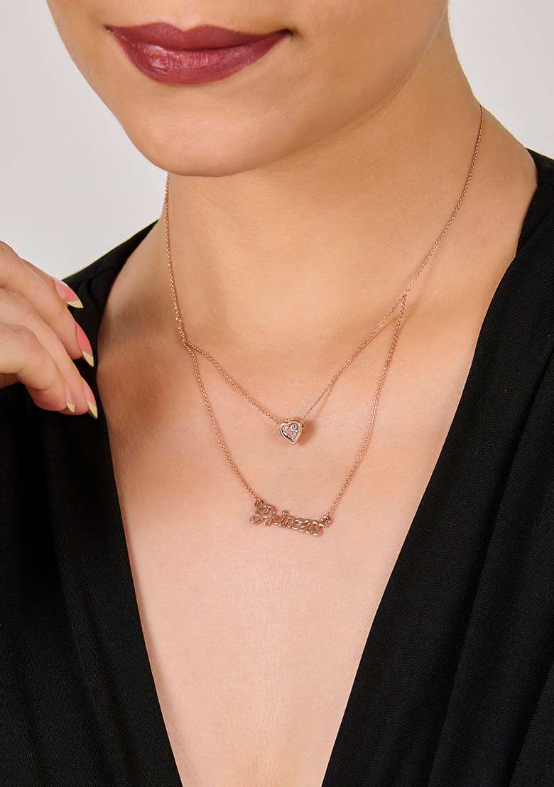 Rose Gold Plated Cubic Zirconia Studded Layered Pendant With Chain - Indya