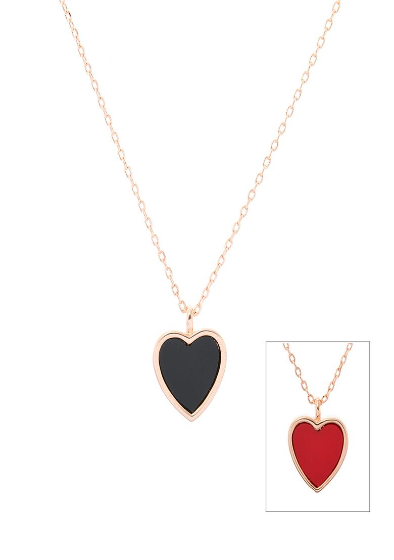 Rose Gold Plated Red Black Enamelled Reversible Heart Shaped Pendant With Chain - Indya