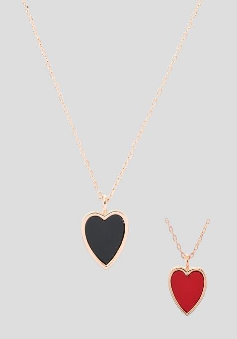 Rose Gold Plated Red Black Enamelled Reversible Heart Shaped Pendant With Chain