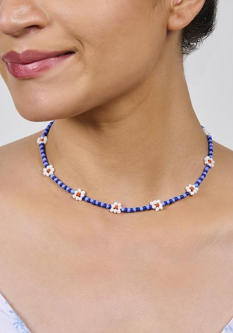 Blue White Beaded Bohemian Choker Necklace