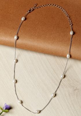 Silver Plated White Oval Pearl Necklace