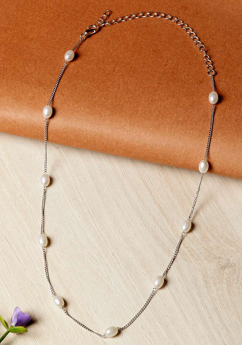 Silver Plated White Oval Pearl Necklace - Indya