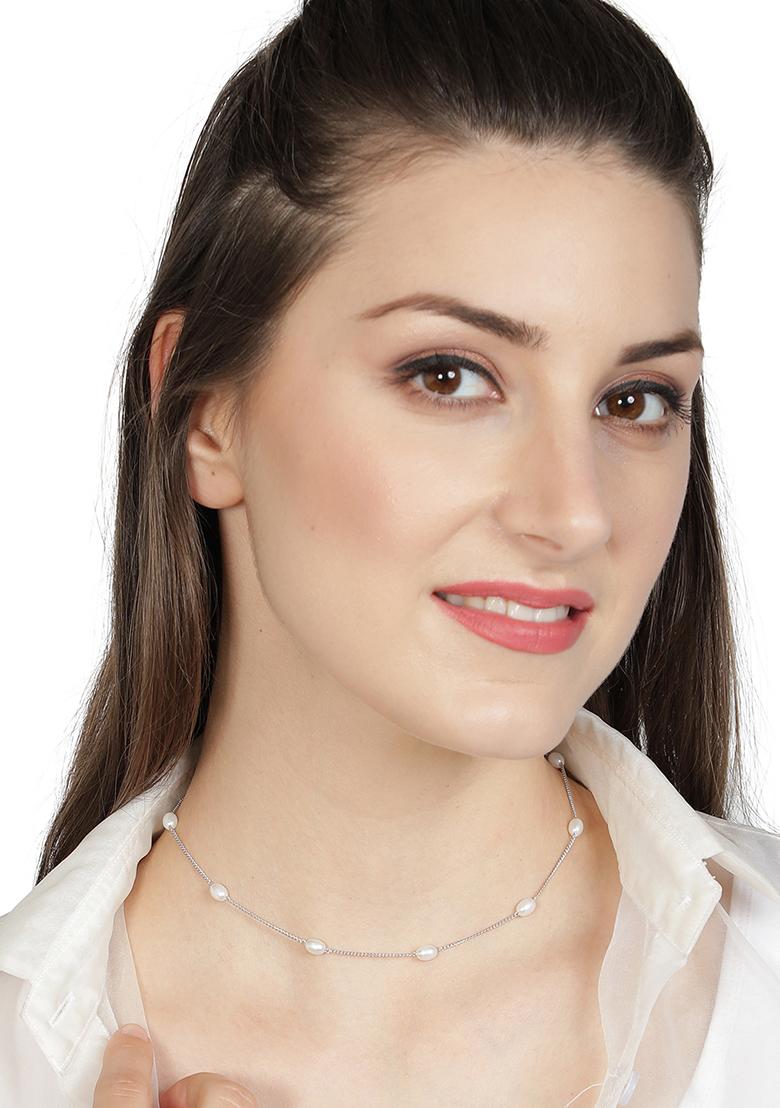 Silver Plated White Oval Pearl Necklace - Indya
