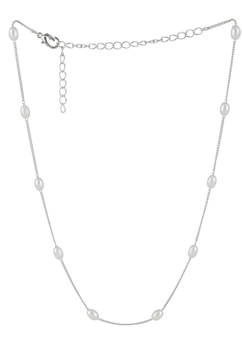 Silver Plated White Oval Pearl Necklace - Indya