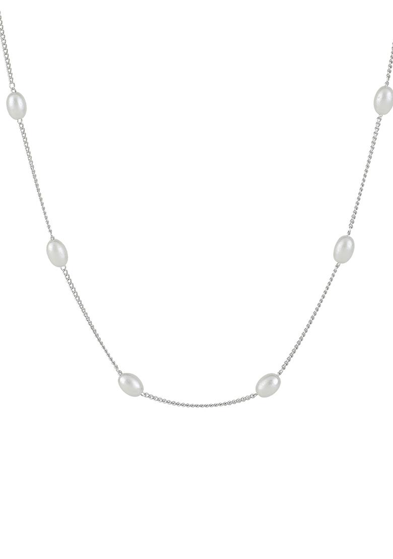 Silver Plated White Oval Pearl Necklace - Indya