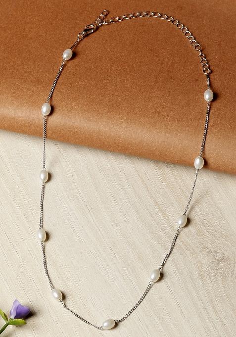 Silver Plated White Oval Pearl Necklace